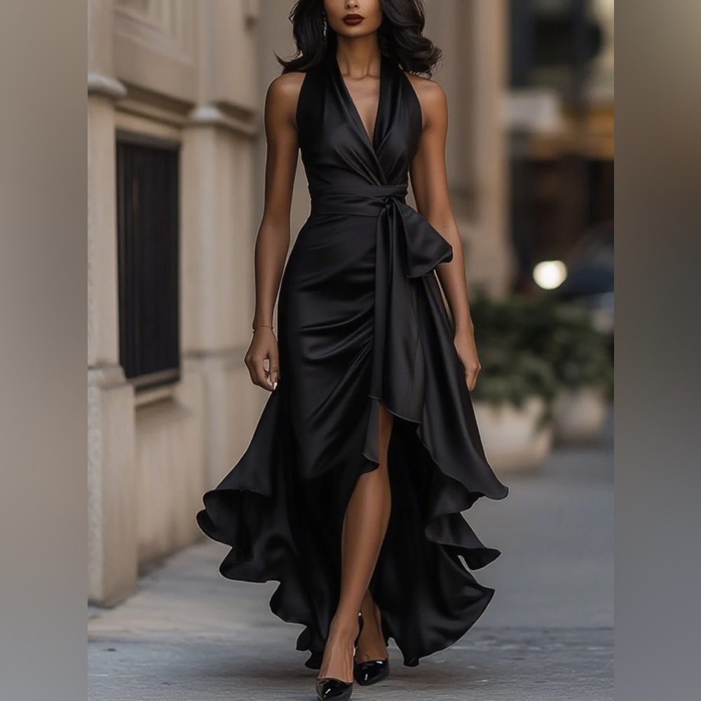 Midnight Elegance Satin Halter Ruffle Black Cocktail Gown Size 8-10 MEDIUM